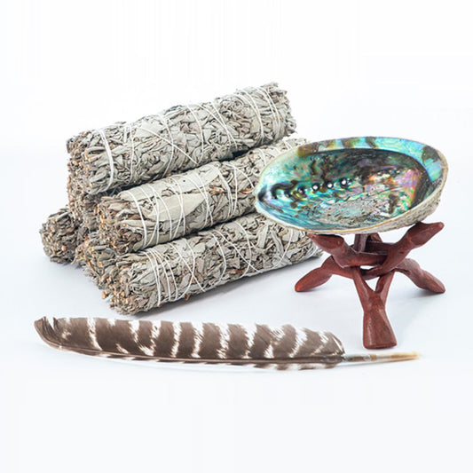 White Sage Stick Set with Abalone Shell & Wooden Tripod Stand for Room Purification Meditation Smoke