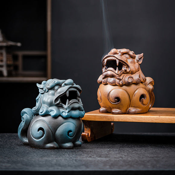 Chinese Lion Dragon Ceramic Incense Burner - BLUE and yellow